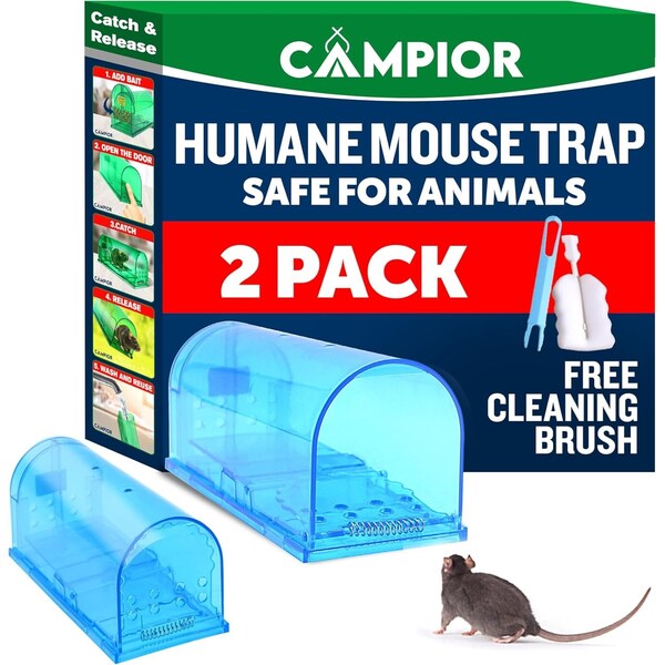 Campior Humane Mouse Trap, Large, No-Kill, Indoor, Pet Safe, Easy Clean, No-Touch Release, Blue, 2PK - CMPMO8SBL98