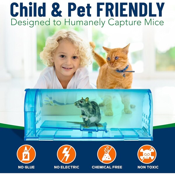 Campior Humane Mouse Trap, Large, No-Kill, Indoor, Pet Safe, Easy Clean, No-Touch Release, Blue, 2PK - CMPMO8SBL98