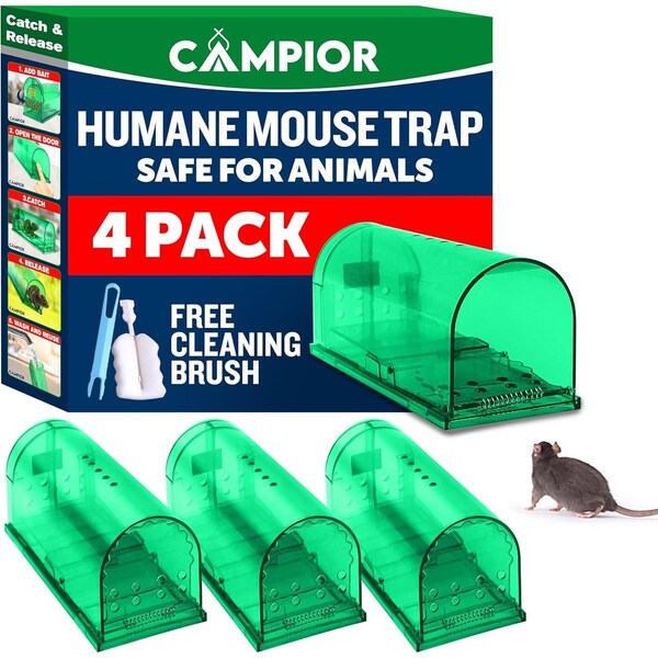 Campior Humane Mouse Trap, Large, No-Kill, Pet Safe, Easy Clean, No-Touch Release, Green, 4PK - CMPMU7GRS44