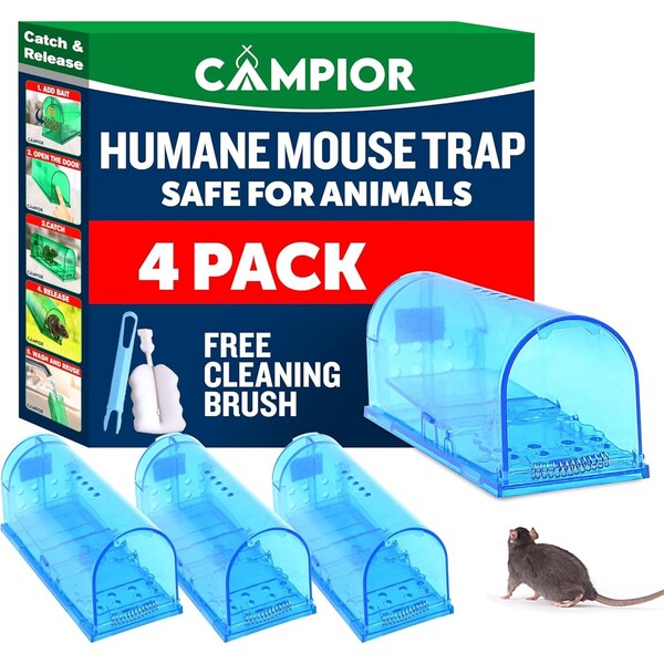Campior Humane Mouse Trap, Large, No-Kill, Pet Safe, Easy Clean, No-Touch Release, Blue, 4PK - CMPMU7BLS4
