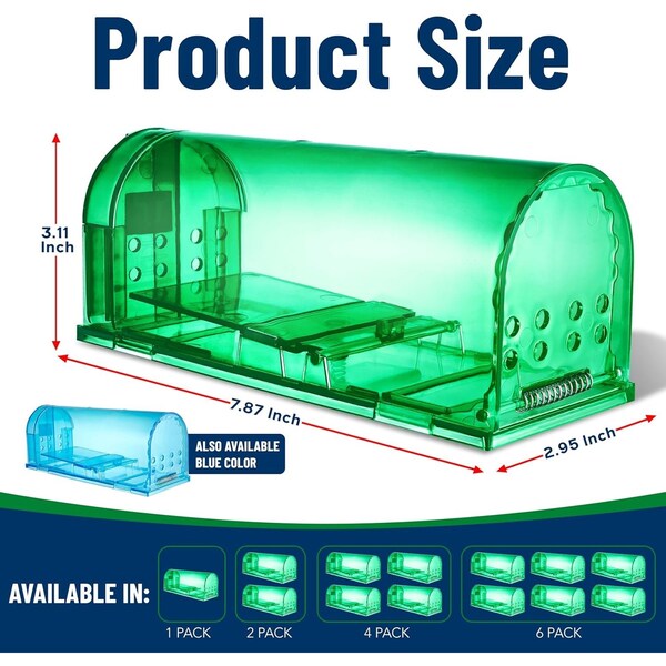 Campior Humane Mouse Trap, Large, No-Kill, Indoor, Pet Safe, Easy Clean, No-Touch Release, Green, 6PK - CMPMO8SGR76