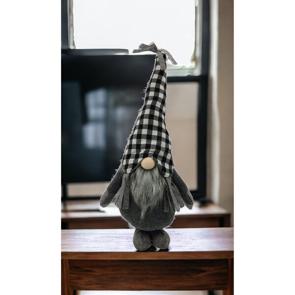 Homeroots 27 x 10 x 6.7 in. Black & White Buffalo Plaid Standing Gnome - 402542