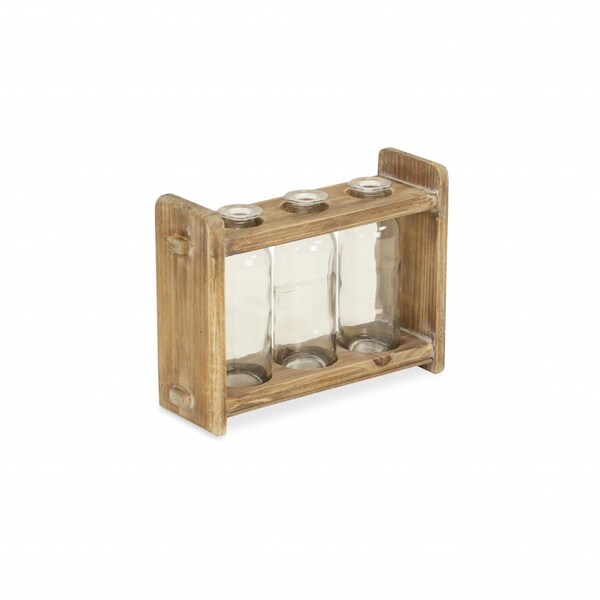 Palacedesigns 7 in. Glass Jars In A Wood Rack Sculpture, Brown - Set of 3 - PA3098575