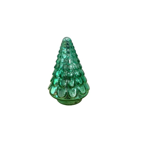 Homeroots 7 in. Glass Christmas Tree Sculpture, Embossed Green - 489094