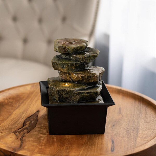 Standalone 8 in. Cascading Rock Formation Waterfall Tabletop Water Fountain; Brown; Green & Black - ST2046536