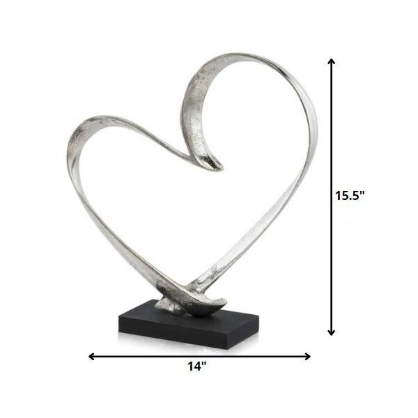 Homeroots 4 x 14 x 15.5 in. Raw Silver & Black Corazon Heart Sculpture on Base - 354624