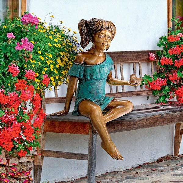Design Toscano Bridgette with Bird, Little Girl Cast Bronze Garden Statue - PN5639