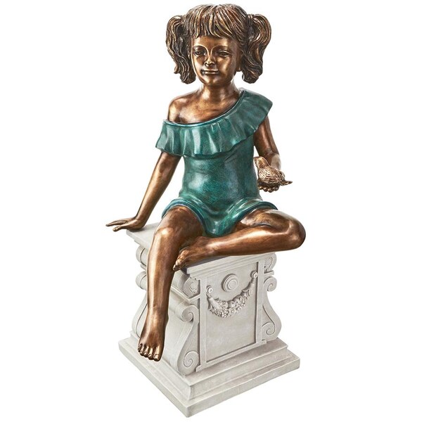 Design Toscano Bridgette with Bird, Little Girl Cast Bronze Garden Statue - PN5639