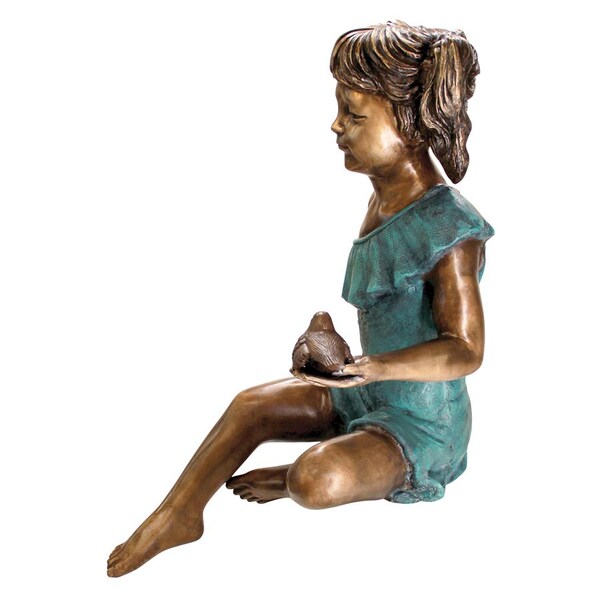 Design Toscano Bridgette with Bird, Little Girl Cast Bronze Garden Statue - PN5639