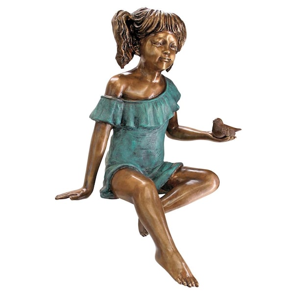 Design Toscano Bridgette with Bird, Little Girl Cast Bronze Garden Statue - PN5639