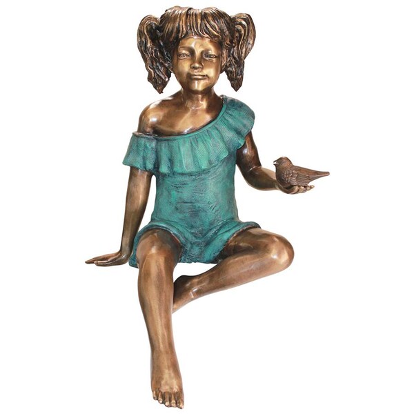 Design Toscano Bridgette with Bird, Little Girl Cast Bronze Garden Statue - PN5639