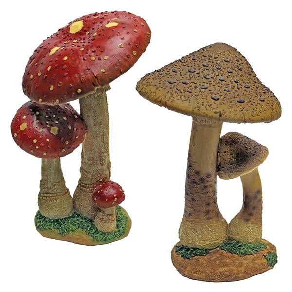 Design Toscano Mystic Forest Red and Tan Mushroom Statue: Set of Two - QM922302
