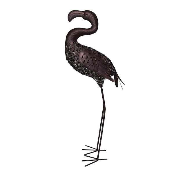 Pisos 35 in. Steel Animal Garden Flamingo Metal Bird Sculpture Statue w/Solar Lght & Ground Stake, Bronze - PI3674494