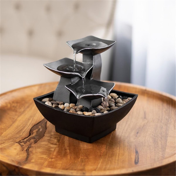 Standalone 7 in. 3 Tier Raku Bowl Tabletop Water Fountain; Silver & Black - ST2064022