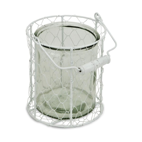 Homeroots 6 in. White & Clear Wire Basket & Glass Jar - 488163