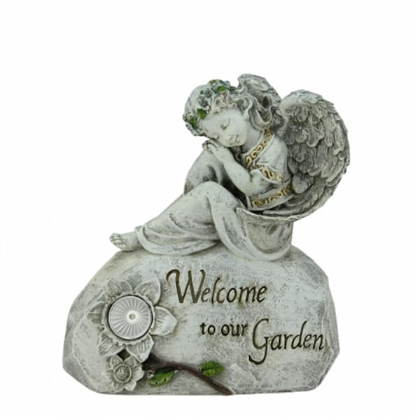 Purely Pecan 10 in. Resting Angel Welcome To Our Garden Outdoor Garden Statue Pure White Solarlight - 32019872