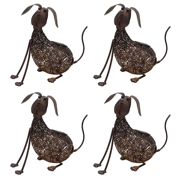 Pisos 14.2 in. Steel Garden Dog Metal Puppy Sculpture Statue w/Solar Light & Ground Stake, Bronze, 4PK - PI2479244