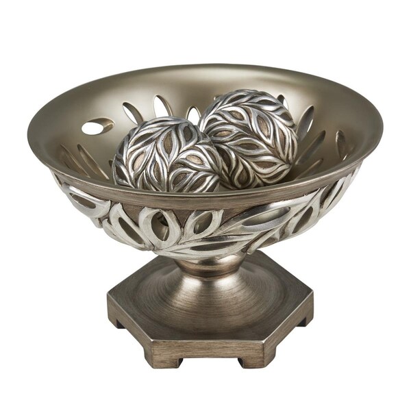 Homeroots 13 in. Leaf Polyresin Decorative Pedestal Bowl with Orbs, Brushed Silver - 468319