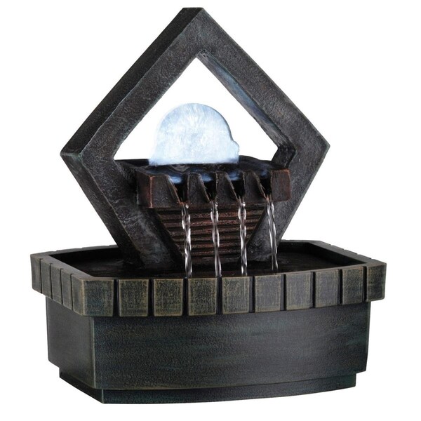 Homeroots 10 in. Polyresin Geo & Pebbles Tabletop Fountain with LED Light; Brown - 468310