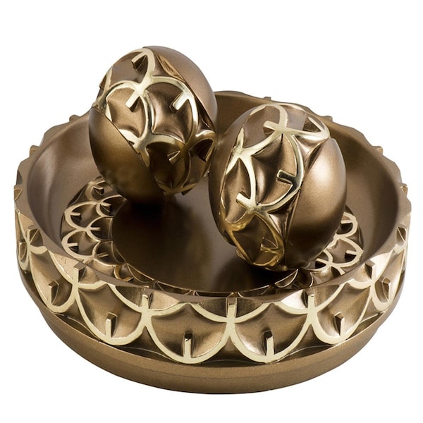 Palacedesigns 12 in. Polyresin Decorative Bowl with Orbs Sculpture, Rustic Gold - PA3099915