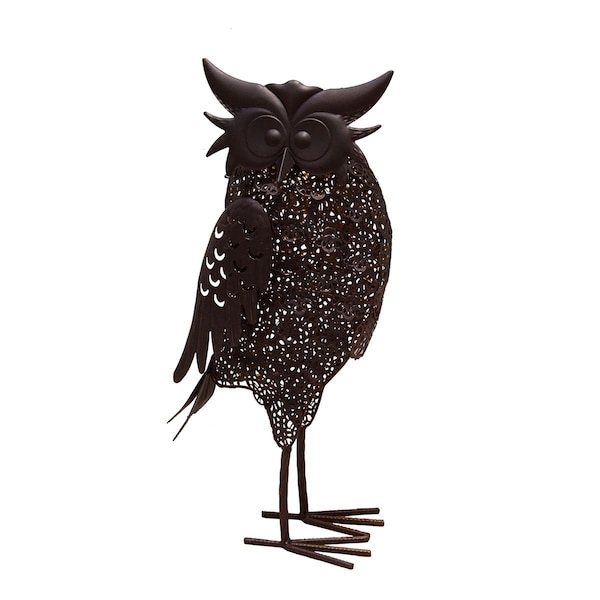 Oakland Living 16.7 in. Steel Animal Garden Owl Metal Bird Sculpture Statue w/Solar Light & Ground Stake, Bronze - 650259-OWL-HB