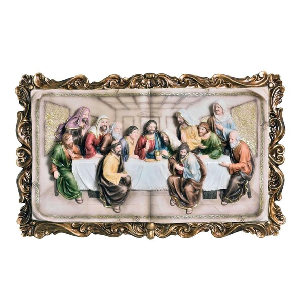 Homeroots 29 in. Polyresin Last Supper Decorative Plaque Sculpture, Rustic Gold - 468286