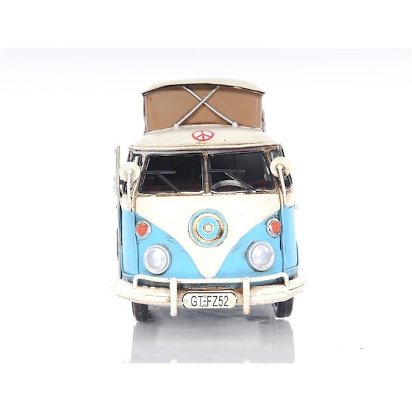 Homeroots 6 in. Metal Volkswagen Bus Sculpture, Blue & White - 401766