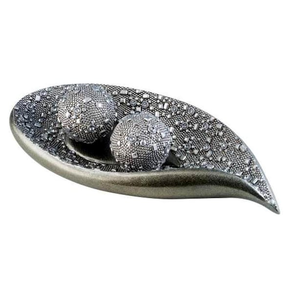Palacedesigns 6 in. Long Polyresin Decorative Bowl with Orbs, Silver - PA3102934