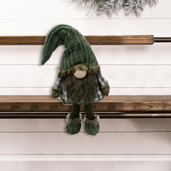 Homeroots 29.5 x 9.5 x 12.5 in. Dark Green & Plaid Fabric Gnome - 399291