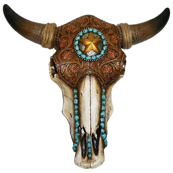 Dlc Bull Skull with Tooled Leather Home Decor - 12 x 3.5 x 13 in. - 12699
