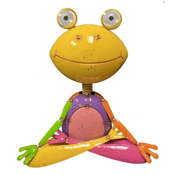 Continental Art Center Colorful Enameled Metal Frog with Solar Eyes Statue - Yellow - S22028B
