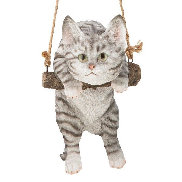 Design Toscano Gray Tabby Kitty on a Perch Hanging Cat Sculpture - JQ108044