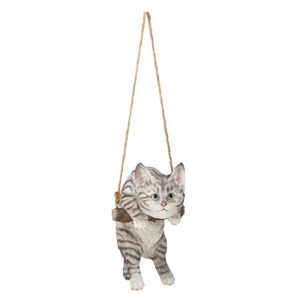 Design Toscano Gray Tabby Kitty on a Perch Hanging Cat Sculpture - JQ108044