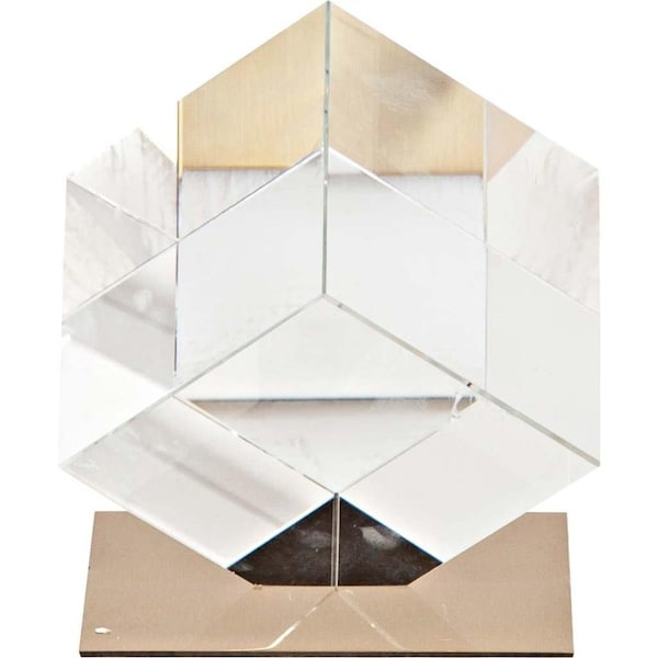 Homeroots 6 in. Optical Clear Glass Cube & Gold Sculpture - 392458