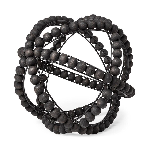 Homeroots 11 in. Black Wooden Bead & Metal Orb Sculpture - 392510