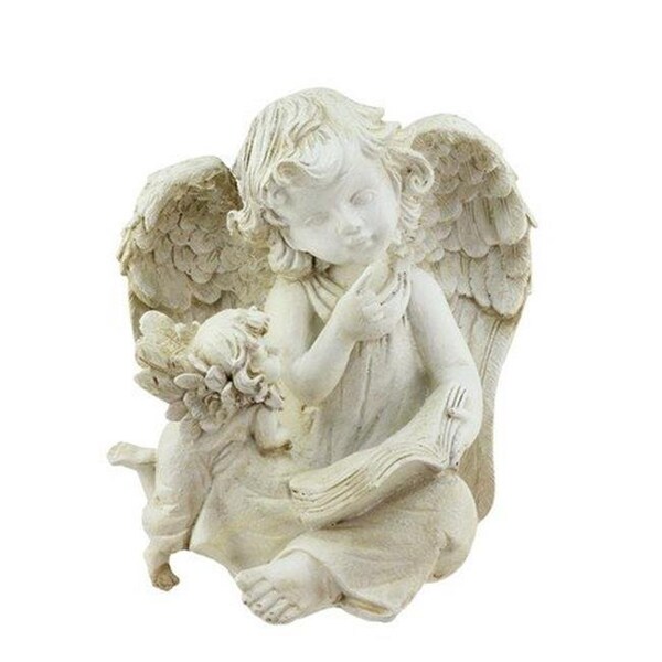 Heat Wave Heavenly Gardens Distressed Sitting Angel with Book & Friend Outdoor Patio Garden Statue; Ivory - 8.5 in. - HE23492