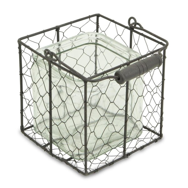 Homeroots 5.5 in. Brown & Clear Square Wire Basket & Glass Jar - 488175