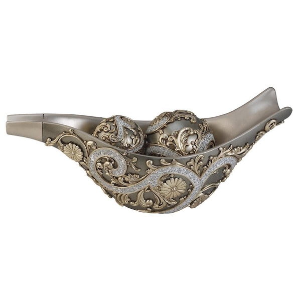 Homeroots 8 in. Polyresin Filigree Decorative Bowl with Orbs, Silver - 468313