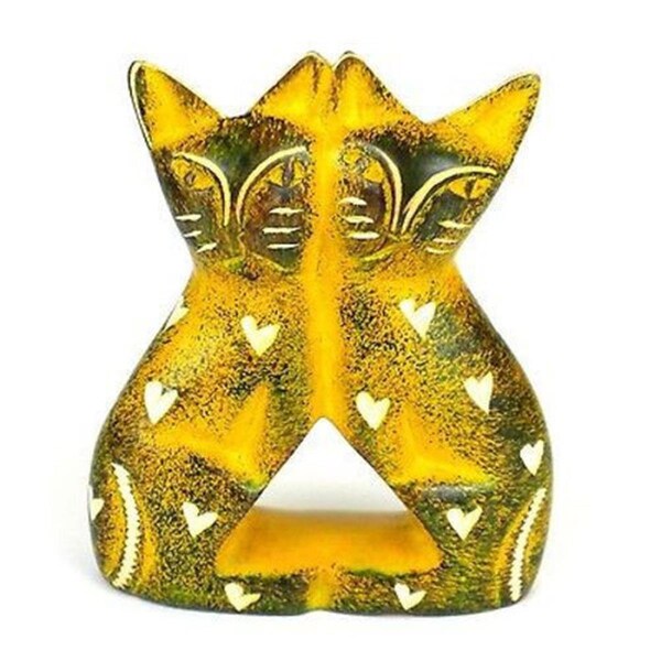 Smolart Handcrafted Soapstone Love Cats Sculpture- Yellow - 4 in. - KSATCAT-Y