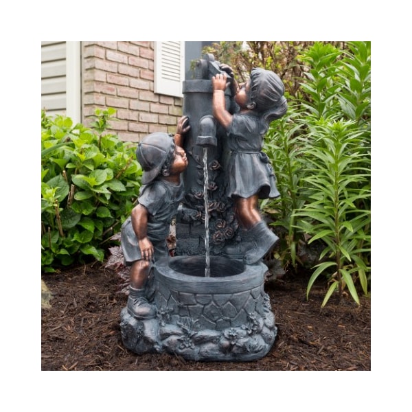Nature Spring Outdoor Water Fountain with Boy and Girl, Antique Bronze Design and Sound for Decor on Patio, Garden - 196232UQW