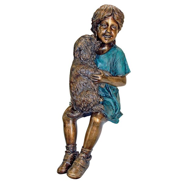 Design Toscano Puppy Kisses, Sitting Girl Cast Bronze Garden Statue - PN6570