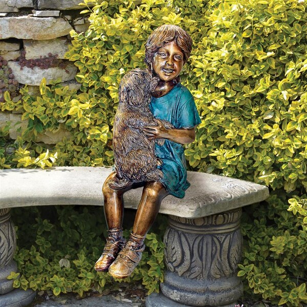 Design Toscano Puppy Kisses, Sitting Girl Cast Bronze Garden Statue - PN6570