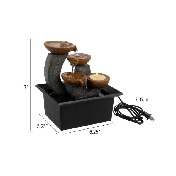 Nature Spring 3-tier Tabletop Water Fountain with Candle Holder, Electric Pump for Office, and Home Decor, 7-inch - 130538DGW