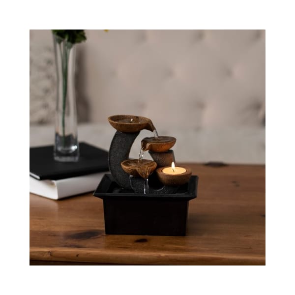 Nature Spring 3-tier Tabletop Water Fountain with Candle Holder, Electric Pump for Office, and Home Decor, 7-inch - 130538DGW