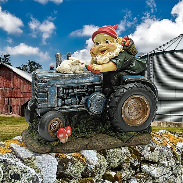 Design Toscano Bunny on Board the Tractor, Garden Gnome Statue - QL1530256