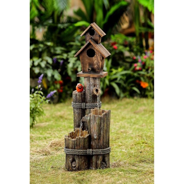 Vaser Designs Tiered Wood Finish Water Fountain with Birdhouse - VA2593755