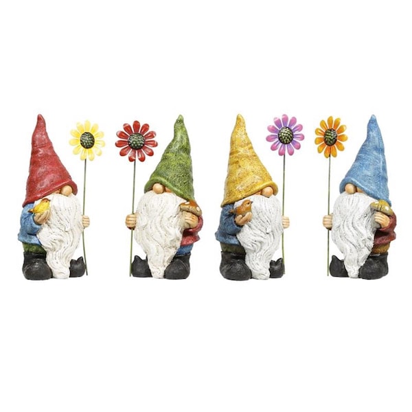 Lawnitator 10 in. Polyresin Gnome with Flower Statue - Multi Color, 4PK - LA2742890