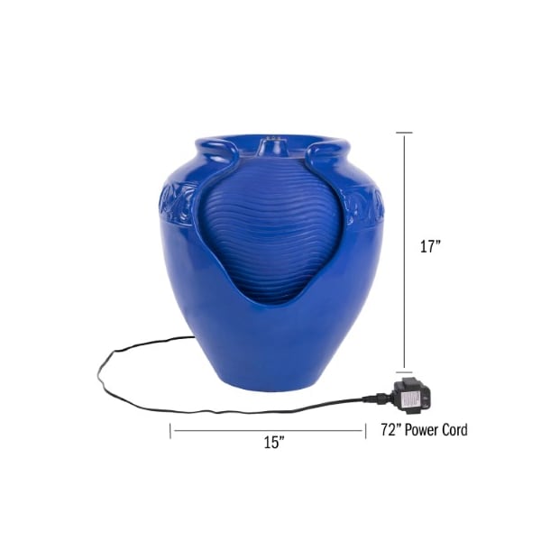 Nature Spring Jar Ceramic Water Fountain, Indoor/Outdoor Glazed Pot Resin, Electric Pump/LED Lights (Cobalt Blue) - 541023ZXX