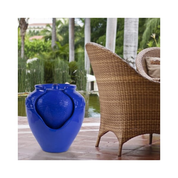 Nature Spring Jar Ceramic Water Fountain, Indoor/Outdoor Glazed Pot Resin, Electric Pump/LED Lights (Cobalt Blue) - 541023ZXX