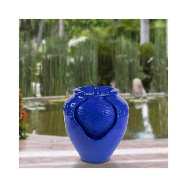 Nature Spring Jar Ceramic Water Fountain, Indoor/Outdoor Glazed Pot Resin, Electric Pump/LED Lights (Cobalt Blue) - 541023ZXX